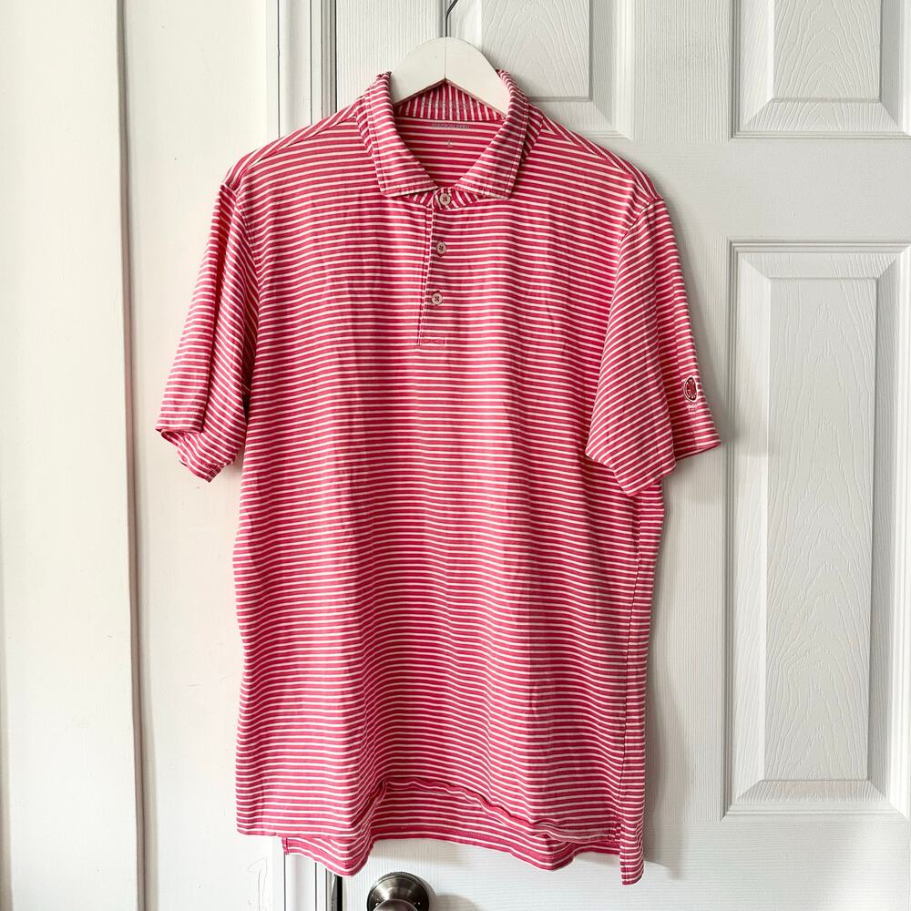 B Draddy USA Pink White Stripe Performance Golf Polo Shirt Large Men GCCC